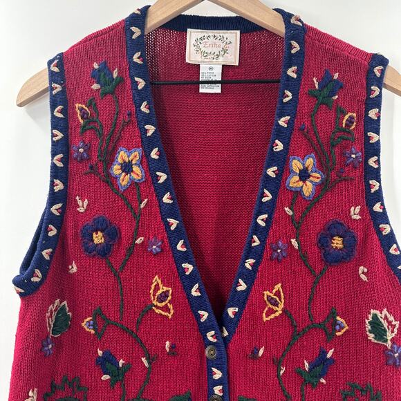 Vintage Erika Floral Embroidered Knit Sweater Vest in Red Navy Size Medium - Picture 3 of 11